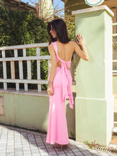 One Shoulder Tie Back Ruched Mermaid Hem Dress